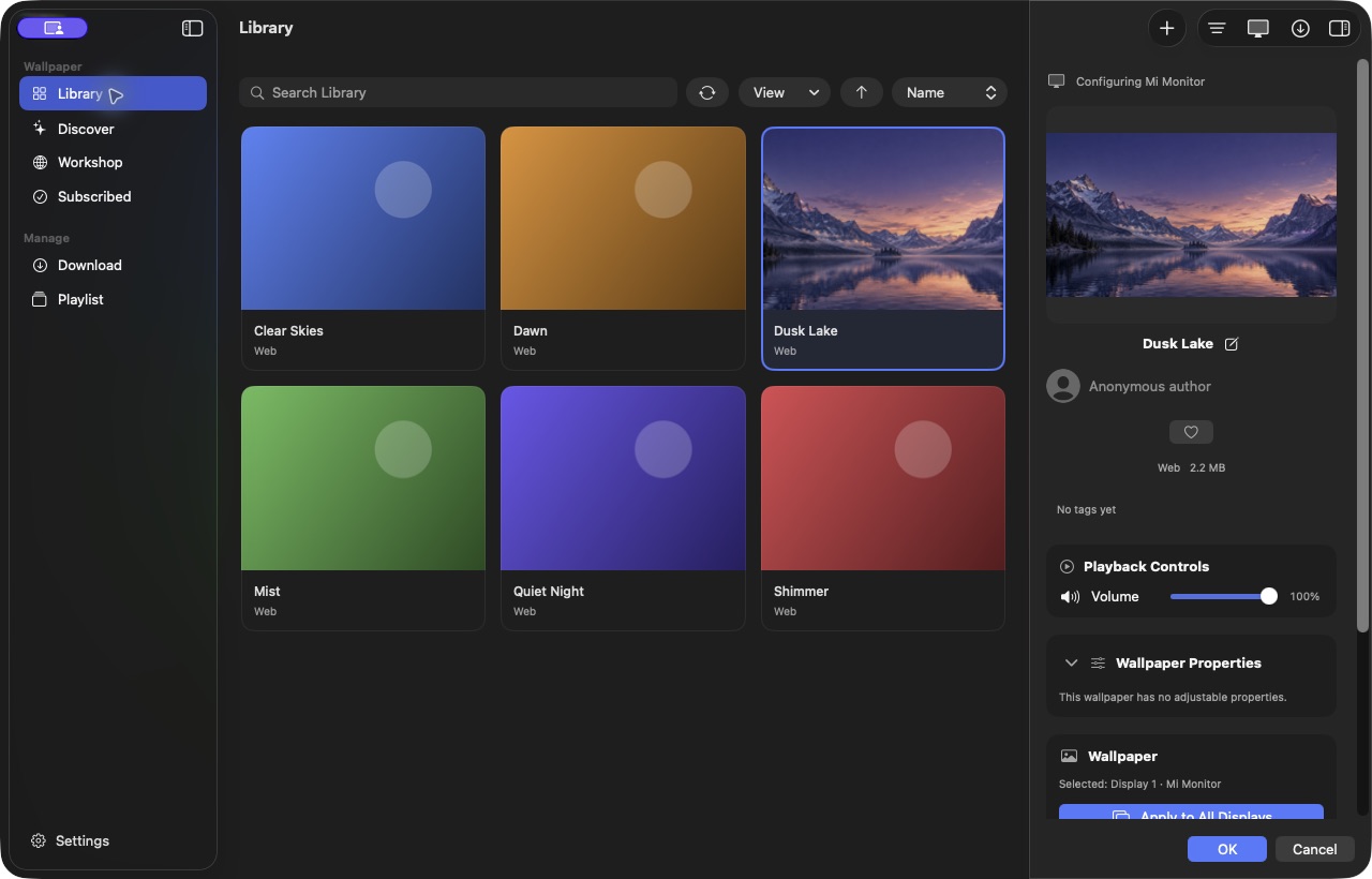 Motiscape 1.4.34 library showing demo wallpapers, the sidebar, and the inspector