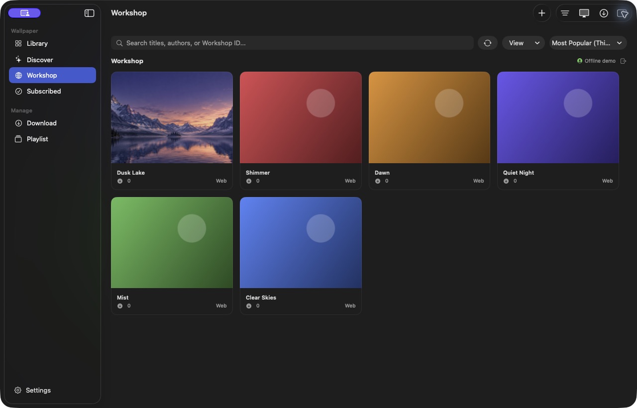 Motiscape 1.4.34 Workshop view with offline demo content